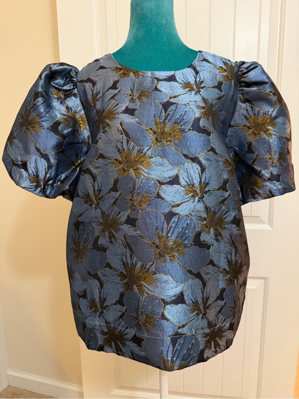 Pomander Place Blue Blossom Jacquard Lyla Top Puff-Sleeve Sz XL